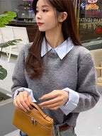 New Women's Autumn 2-in-1 Look Shirt Collar Top Sweater Layer Lazy Style Contrast Collar Gray Sweater - Grey