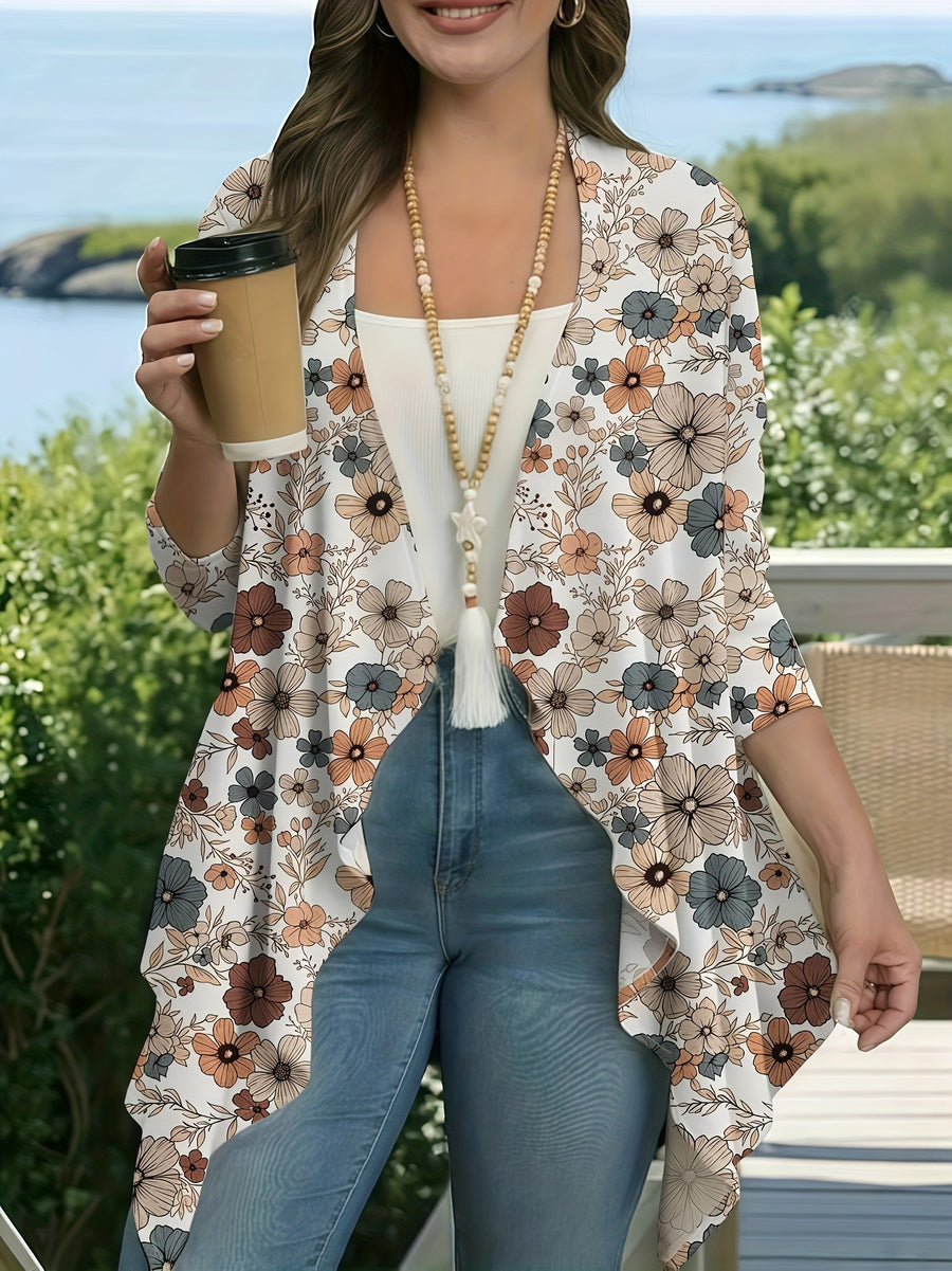 Women's Floral Elegant Print Cardigan, Lightweight, Airy, and Comfortable, Suitable for Spring, Summer, and Autumn, a Versatile Layering Piece for Daily Casual Wear, Beach Outings, and Vacations - White