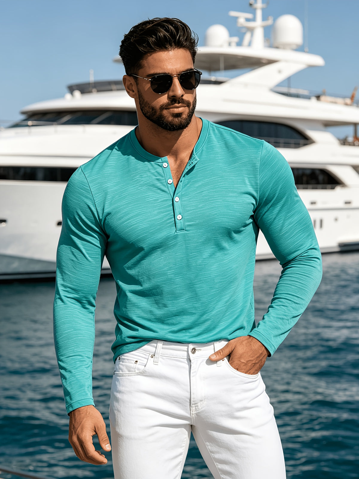 2pcs New Men's Fashionable Sporty Long-Sleeve Pure Cotton Henley Button-Up Shirt, Spring/Autumn Casual, Comfortable, Soft, Trendy, Simple, High-End, Versatile, and Refreshing - Mixed Color 4