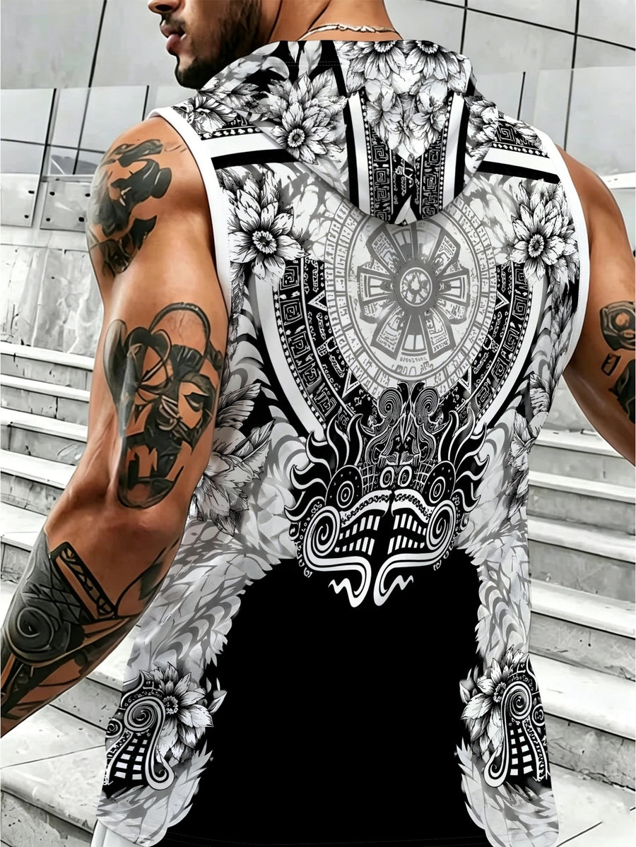 Men'S Sleeveless Hooded Top Black And White Ethnic Style Print Design Trendy And Personalized Suitable for Daily Casual Wear Show Unique Fashion Taste - Mixed colors