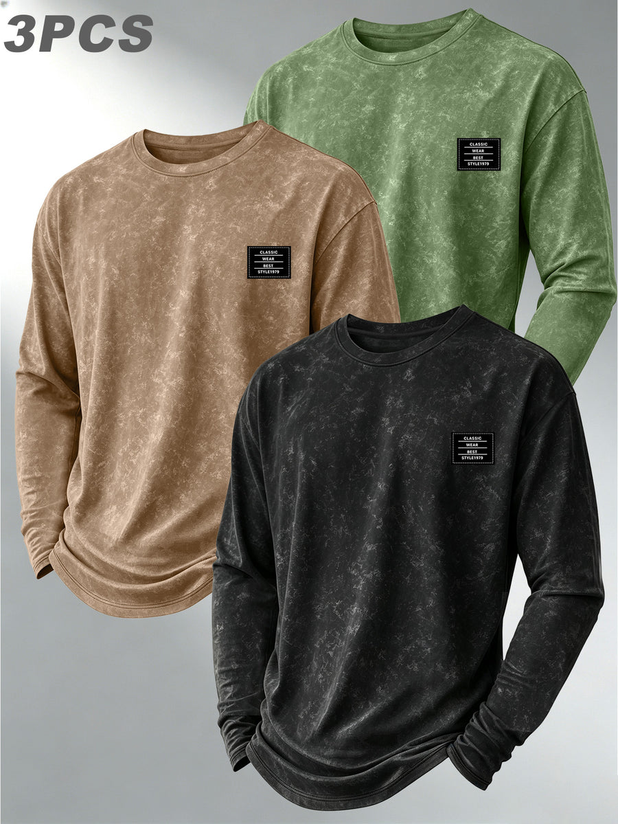 Men's 3pcs Set American Vintage Distressed Long-Sleeve Base Layer Washed Crew Neck Versatile Casual Long-Sleeve Top - Black+khaki+green