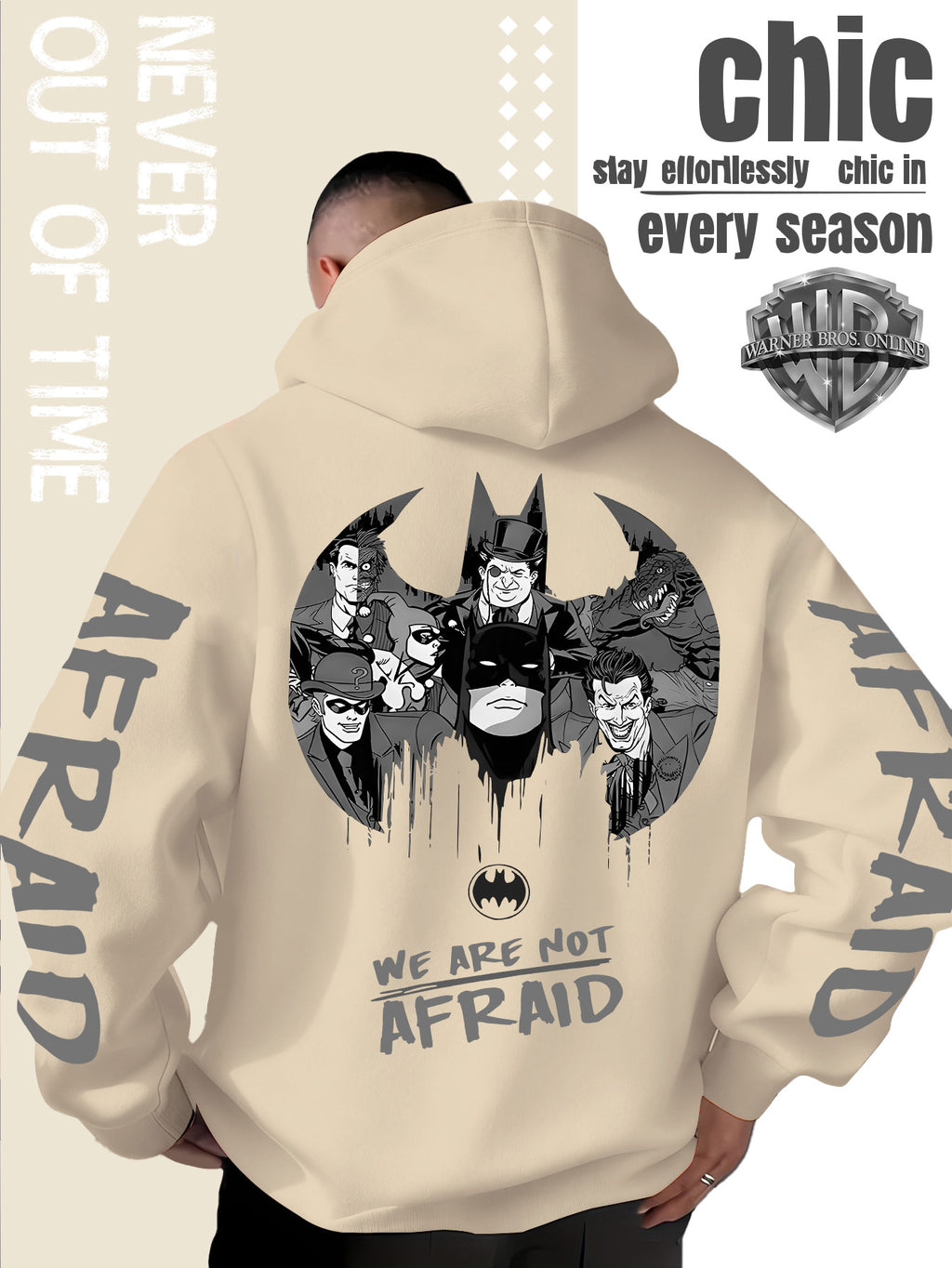 Men'S Hooded Sweatshirt Superhero Villain Group Black And White Comic Print, Batman Good And Evil Characters Gathered Design, Themed English Slogans And Rich Visuals, Dual Sleeves with Eye-Catching Graffiti Art Font - Apricot