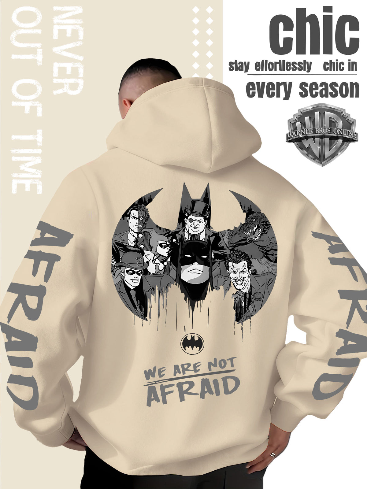 Men'S Hooded Sweatshirt Superhero Villain Group Black And White Comic Print, Batman Good And Evil Characters Gathered Design, Themed English Slogans And Rich Visuals, Dual Sleeves with Eye-Catching Graffiti Art Font - Apricot