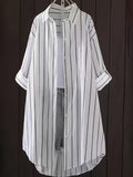 Korean Style Relaxed Black And White Pinstripe Shirt Women'S Mid-Length Top Casual Versatile Blouse - White