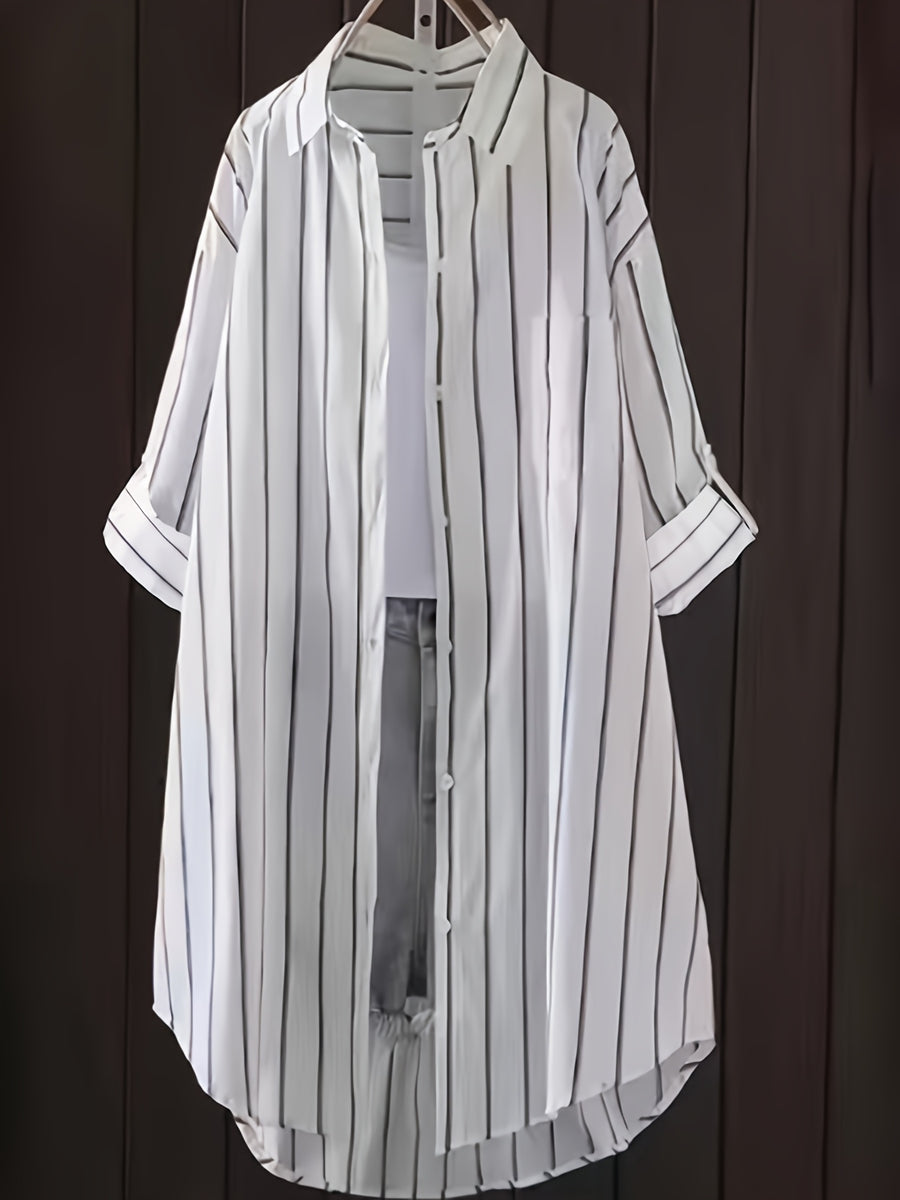 Korean Style Relaxed Black And White Pinstripe Shirt Women'S Mid-Length Top Casual Versatile Blouse - White