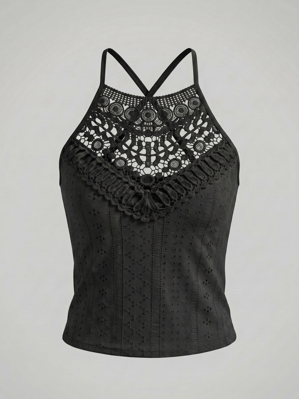 Summer Jacquard Halter Lace Trim Sleeveless Vest Casual Slim Mesh Women'S Top - Black