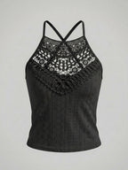 Summer Jacquard Halter Lace Trim Sleeveless Vest Casual Slim Mesh Women'S Top - Black