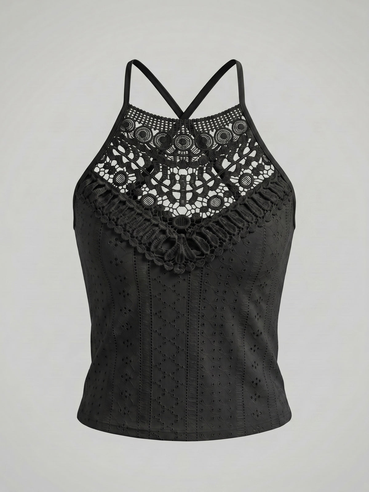 Summer Jacquard Halter Lace Trim Sleeveless Vest Casual Slim Mesh Women'S Top - Black