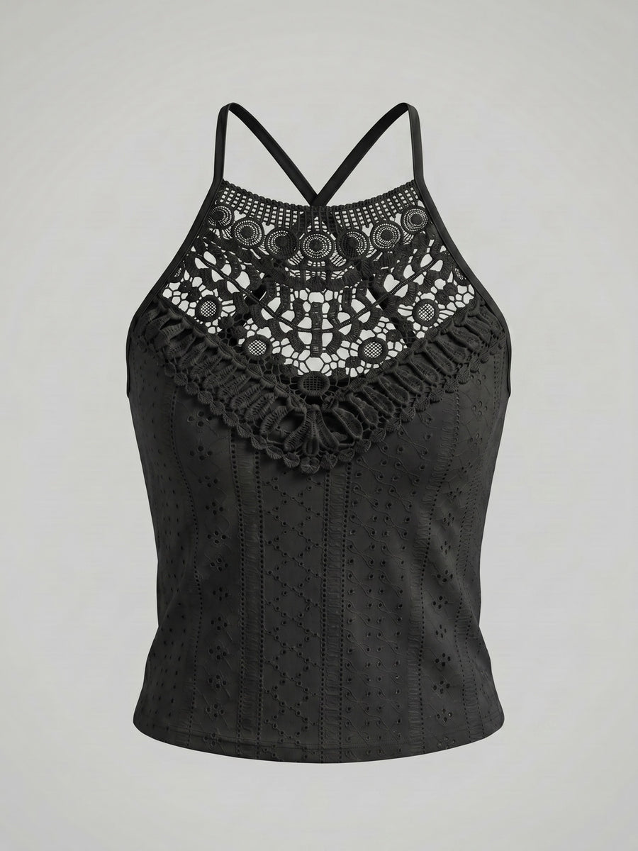 Summer Jacquard Halter Lace Trim Sleeveless Vest Casual Slim Mesh Women'S Top - Black