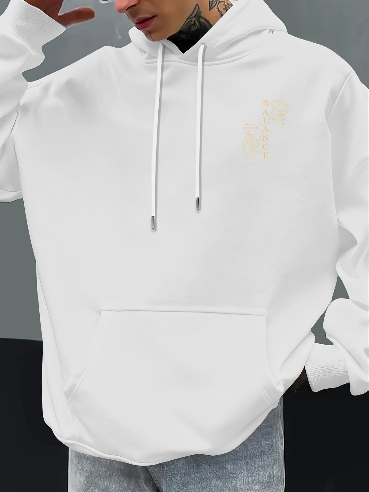 Men'S Autumn Winter Print Hooded Fleece Sweatshirt, Versatile Athletic Casual Loose Hooded Sweater - White