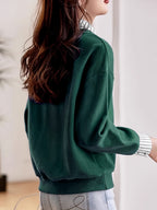 Women'S Fall Winter Casual Comfortable Fashion Long Sleeve Collared Striped Collar Polo Shirt - Dark Green