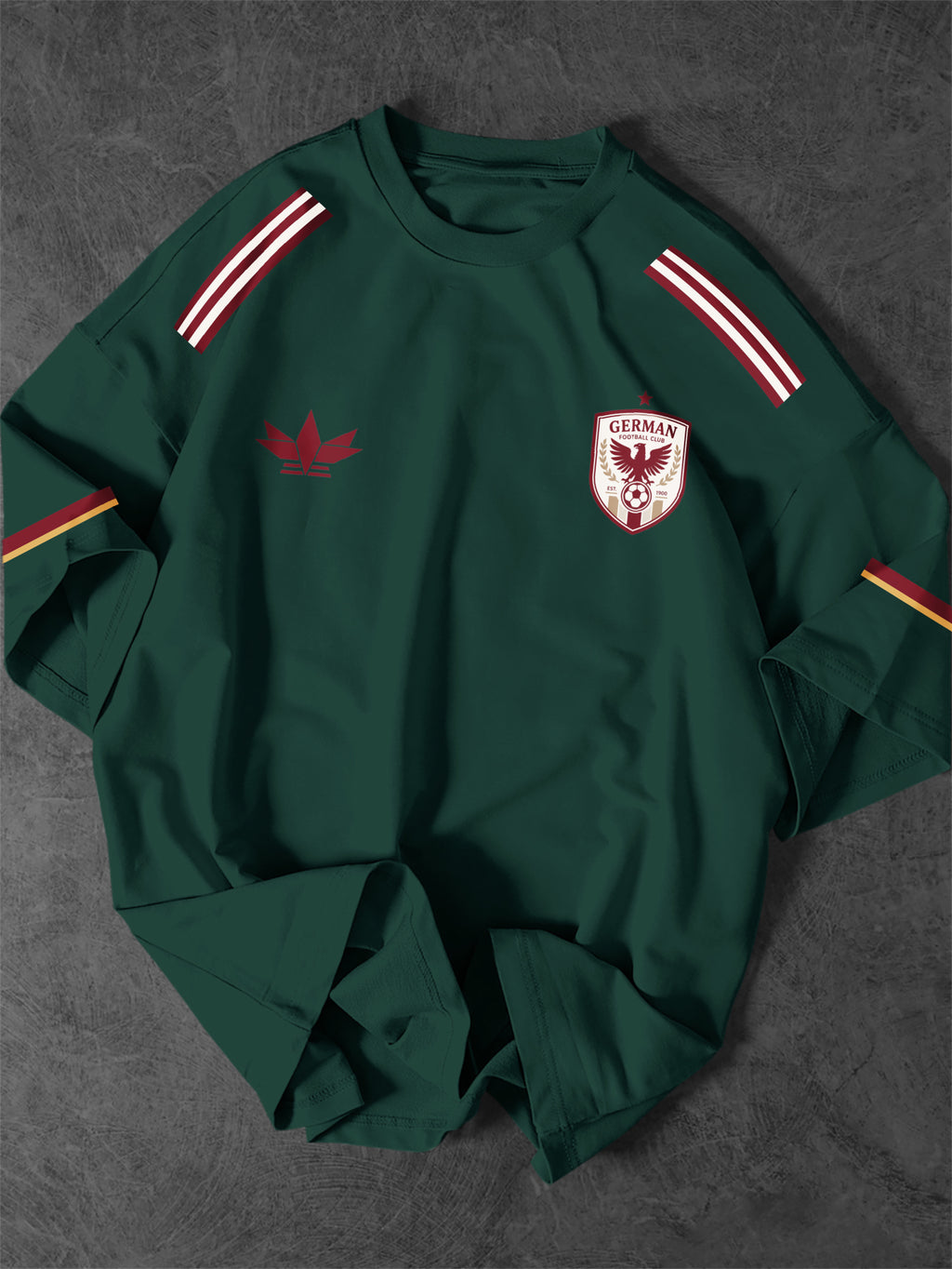 European and American Men's Short-Sleeve Crew Neck T-Shirt, Street Style, Classic Badge Pattern Print with Red Background Print, Fashionable Casual Top - Dark Green