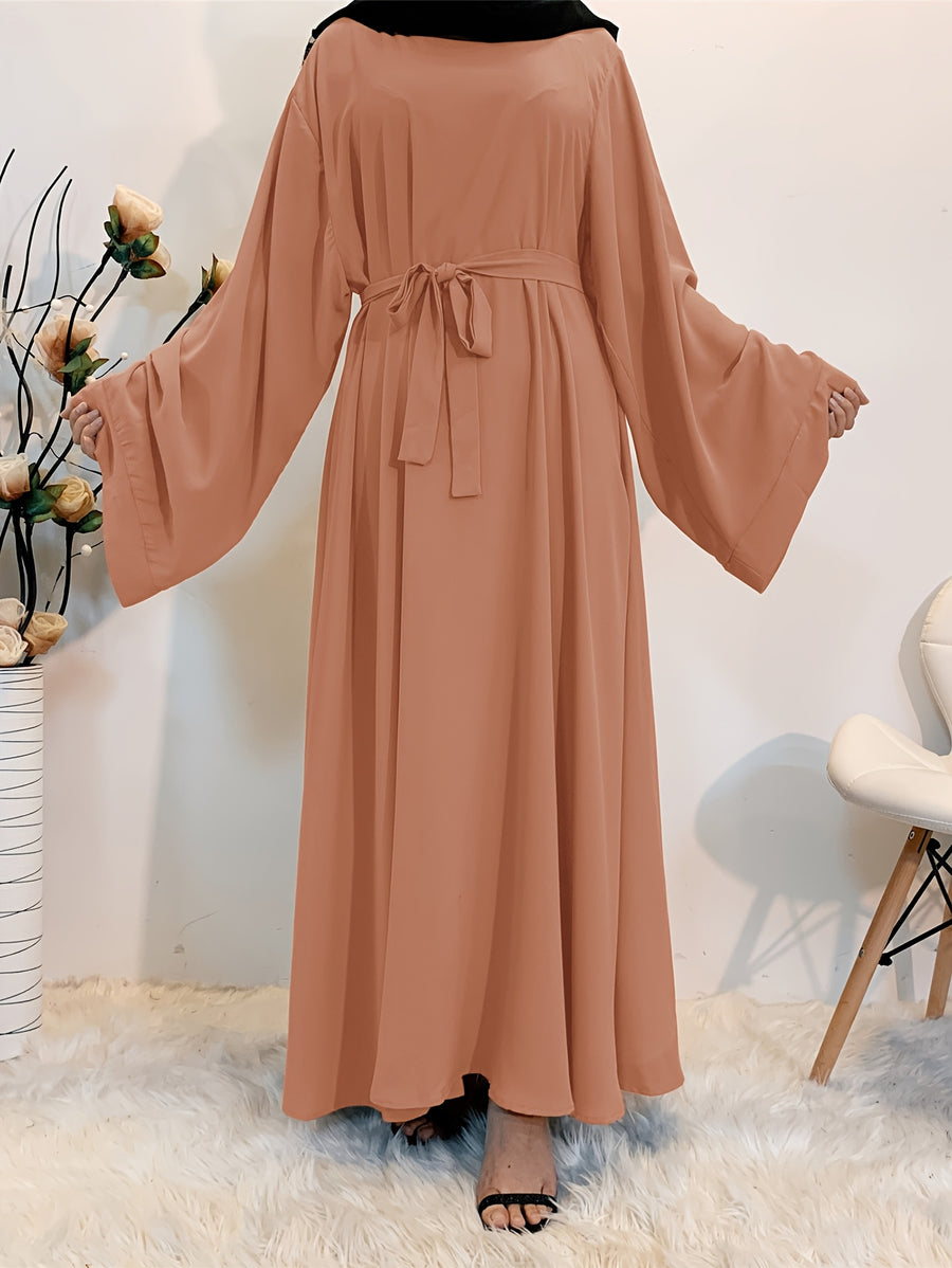 1pc Fashionable, Elegant, Comfortable, and Casual Wide-sleeved Abaya with Belt. Solid Color Suitable for Daily Wear. Loose and Comfortable Women's Abaya Dress. Ferace Tesettür Clothing, Women's Abayas for Muslim Women, Islamic Wear for Women - Yellowish-brown