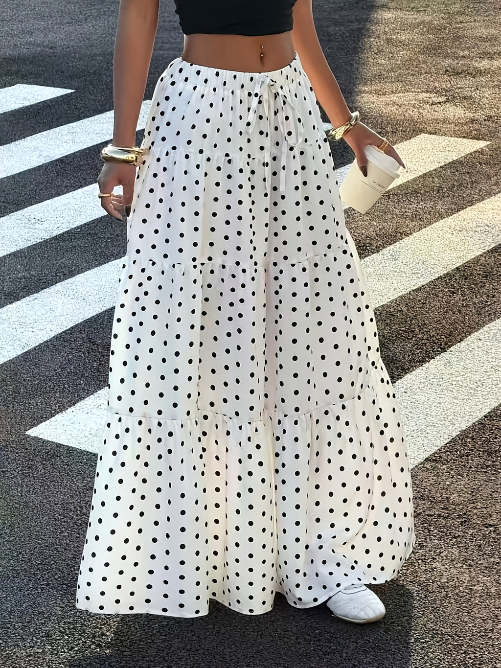 Women's Polka Dot Print Layered Long Skirt - Light White+Black Color