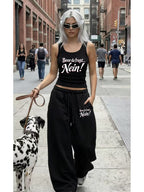 [Casual Athletic] German Slogan 2pcs Set "Not Before You Ask" Letter Print Tank Top And Wide-Leg Sweatpants Outfit, Playful Ironic Athletic Wear - Black