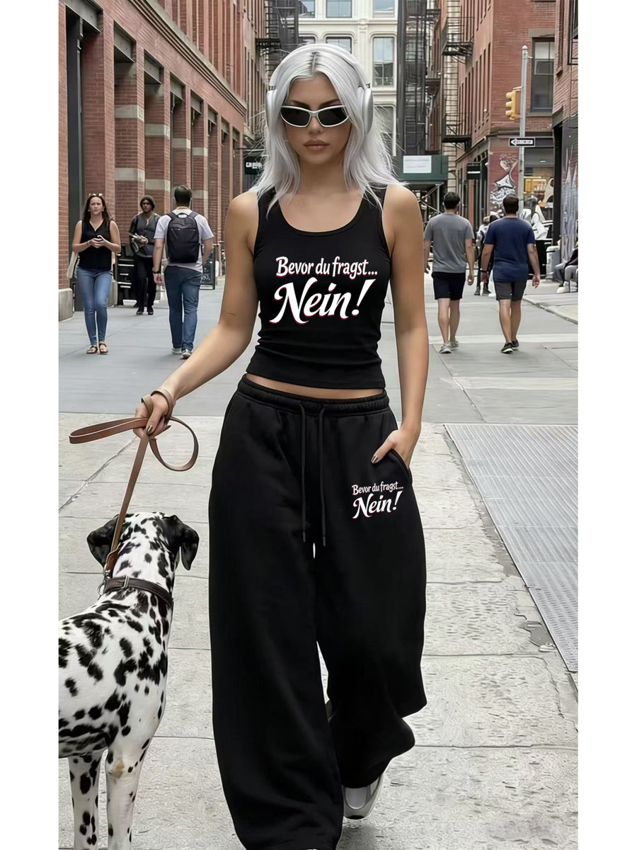 [Casual Athletic] German Slogan 2pcs Set "Not Before You Ask" Letter Print Tank Top And Wide-Leg Sweatpants Outfit, Playful Ironic Athletic Wear - Black