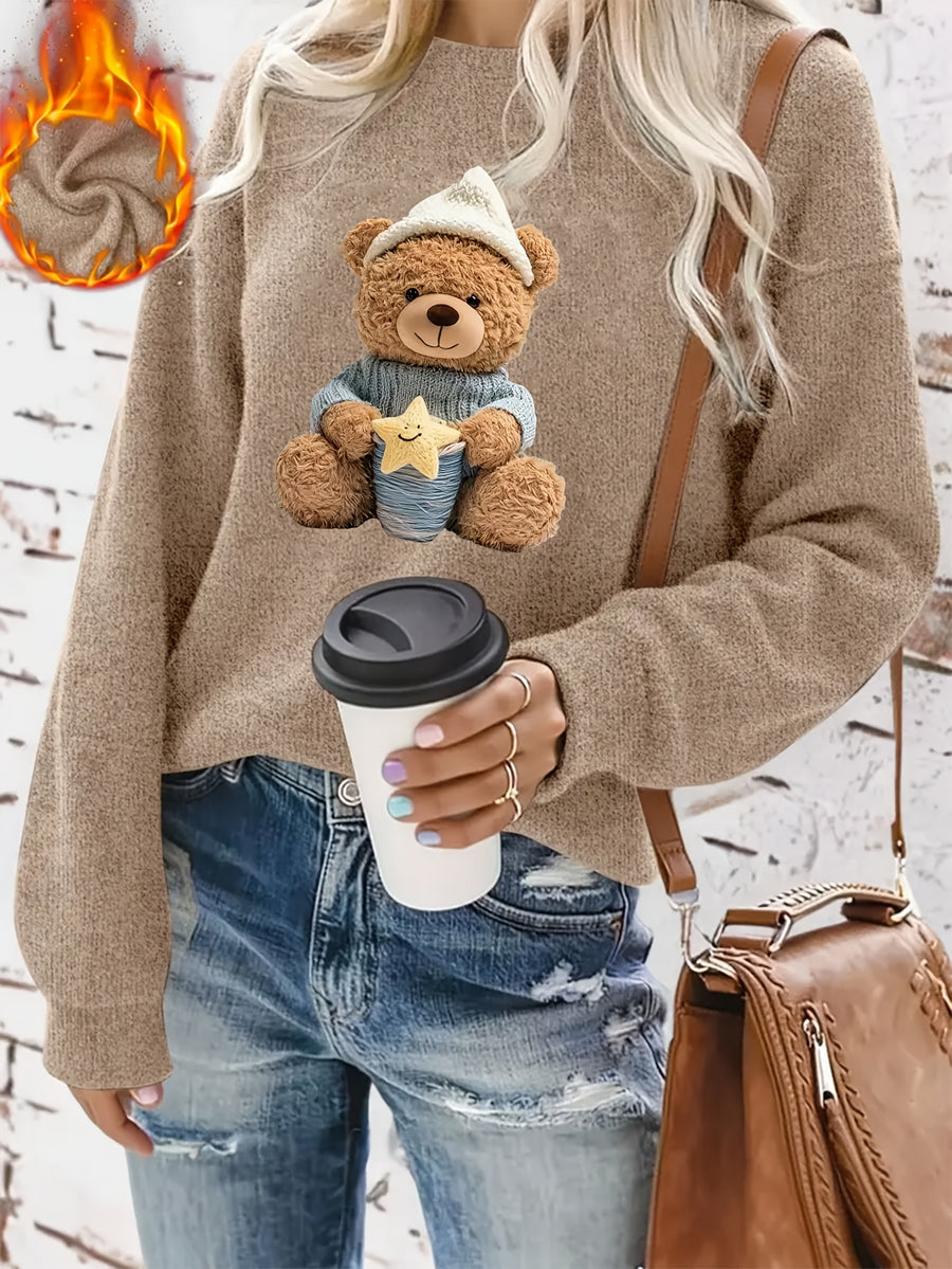 Autumn And Winter Animal Cartoon Pattern Printed Design Women'S Casual Warm Round Neck Sweater for The Fall And Winter Season - Camel