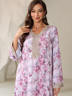 European and American Cross-Border Women's Wear: Middle Eastern Arabic Style Waist-Cinching Long-Sleeve Dress - Pink Color