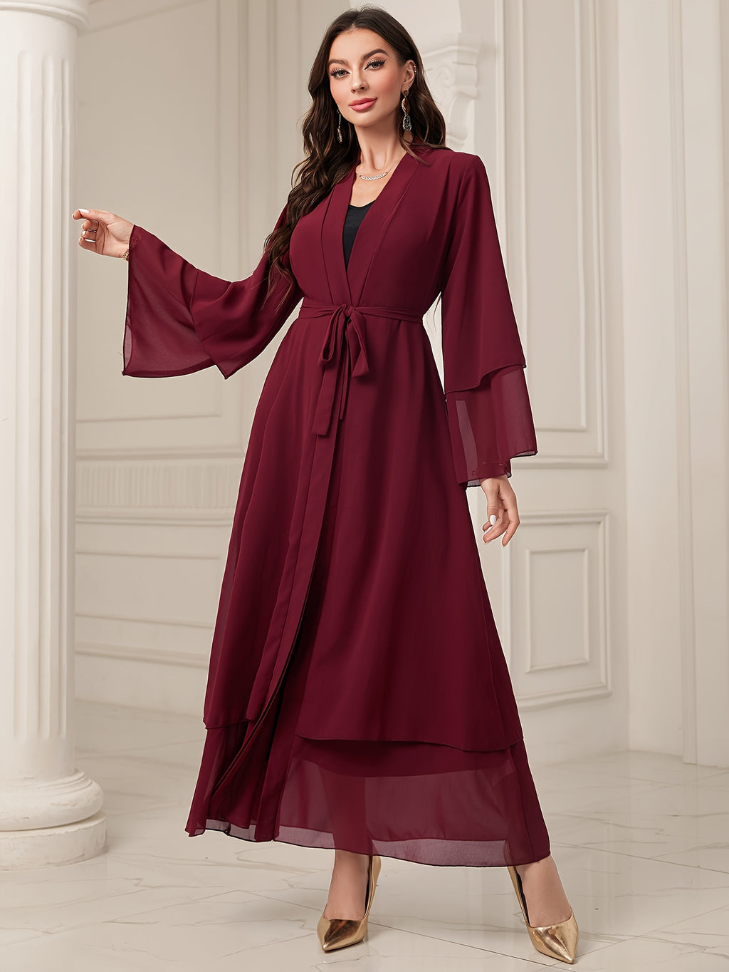 Ramadan Islamic Modest Dress Without Hijab, Long Sleeve Open Front Casual Modest Muslim Dress, Women's Clothing - Burgundy