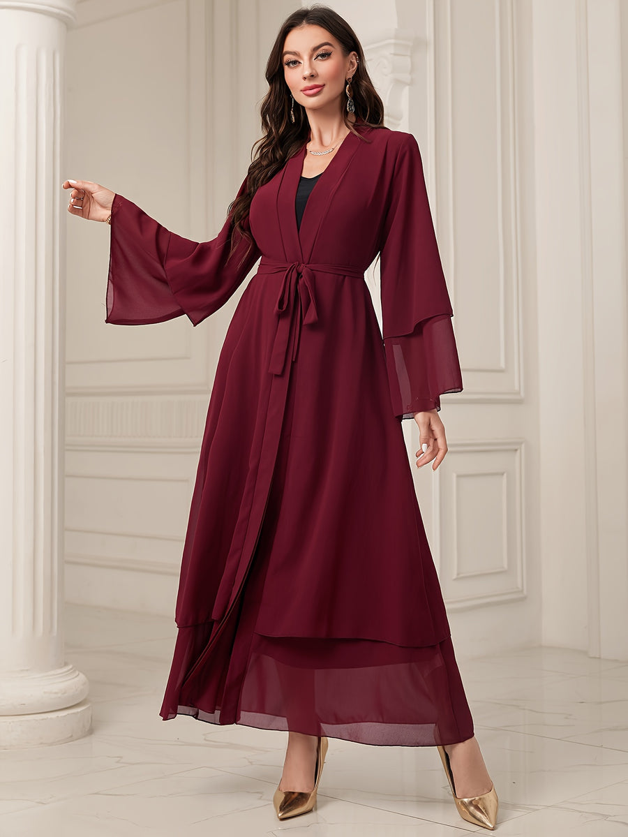 Ramadan Islamic Modest Dress Without Hijab, Long Sleeve Open Front Casual Modest Muslim Dress, Women's Clothing - Burgundy