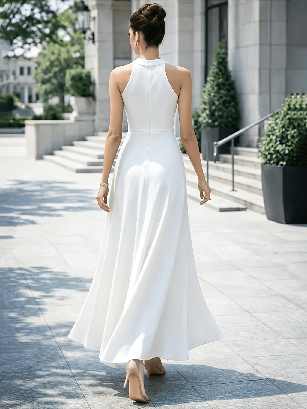 2026 New Women's Elegant Socialite Style Halter Neck High Slit Sleeveless A-Line Evening Gown, Wedding Bridesmaid Banquet Party Long Dress - White
