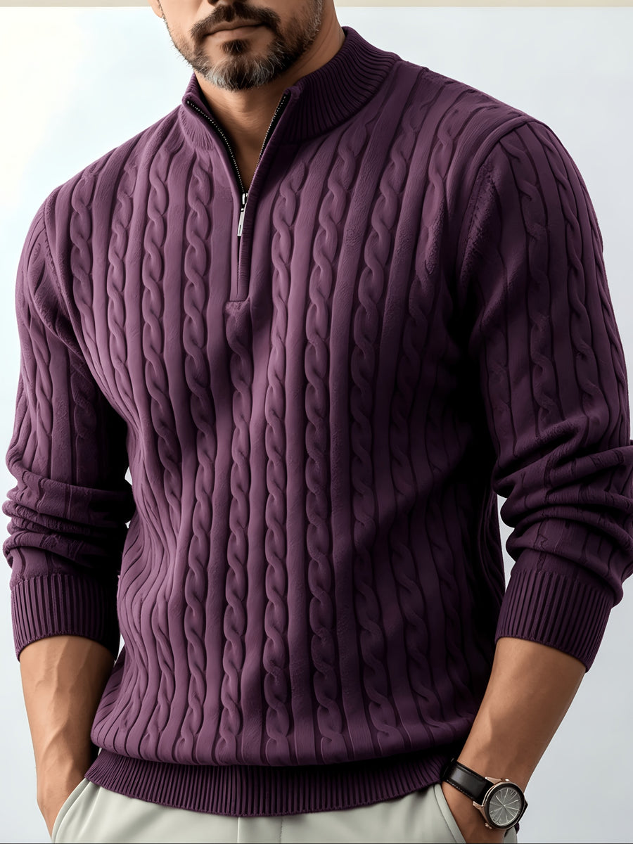 Men's Relaxed-fit Spring and Autumn Style with a Chic Half-zipper Design for a Casual, Laid-back Look. The Exquisite Cable-knit Texture Adds a Vintage Touch, While the Solid Color Offers a Calm and Sophisticated Vibe, Perfect for Creating a Casual - Purple