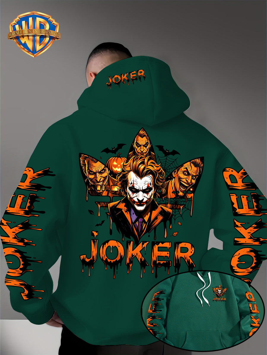 Warner Official - Men's Fashion Hoodie Sweatshirt, Halloween-themed Bat and Spiderweb Hand-Drawn Graffiti Suit Joker with Three Different Evil Smile Expressions Joker Head + "JOKER" Lettering Creative Pattern Print, Soft and Skin-Friendly Fabric - Green