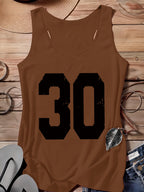 Arabic Numeral & '30' Letter Print Vest - All-Over Base Layer Suitable for Travel,, Outdoor | Machine Washable Sleeveless Top with Number | Casual Round Neck Wear for Streetwear and Year-Round Use - Brown