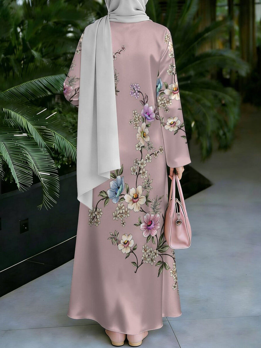 Women'S Hot Middle Eastern Style Muslim Elegant Robe, Dusty Pink Multi-Color Floral Branch Print Dress, Loose A-Line Long Sleeve, Daily Prayer And Banquet Wear, Good Drape Non-Wrinkle Non- Craft - Mixed colors