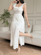 [WY260306056] Lazy Vacation Style White Hollow Embroidered Long Dress Square Neck Ruffled Waist Tie-Strap Evening Party Dress - Milky
