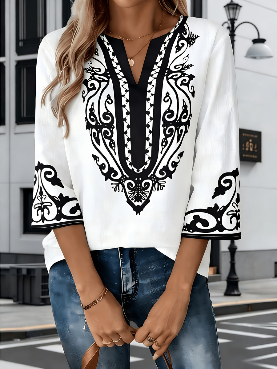 New Women's European and American Style Summer Fashion V-Neck Placement Print Loose Vintage Three-Quarter Sleeve Pullover Shirt - White