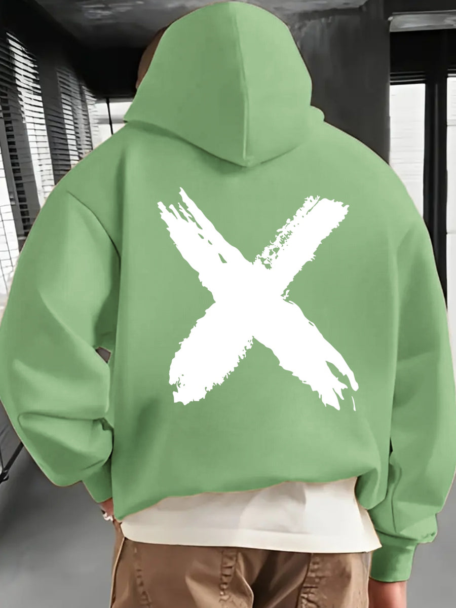 Men's Fashionable Hoodie, Loose-fit Casual Top with "X" Letter Print, Long-sleeve Sweatshirt Featuring a Kangaroo Pocket, Made of Casual Polyester Knit Fabric, Machine Washable, Suitable for Outdoor Casual Wear - Pea Green Color