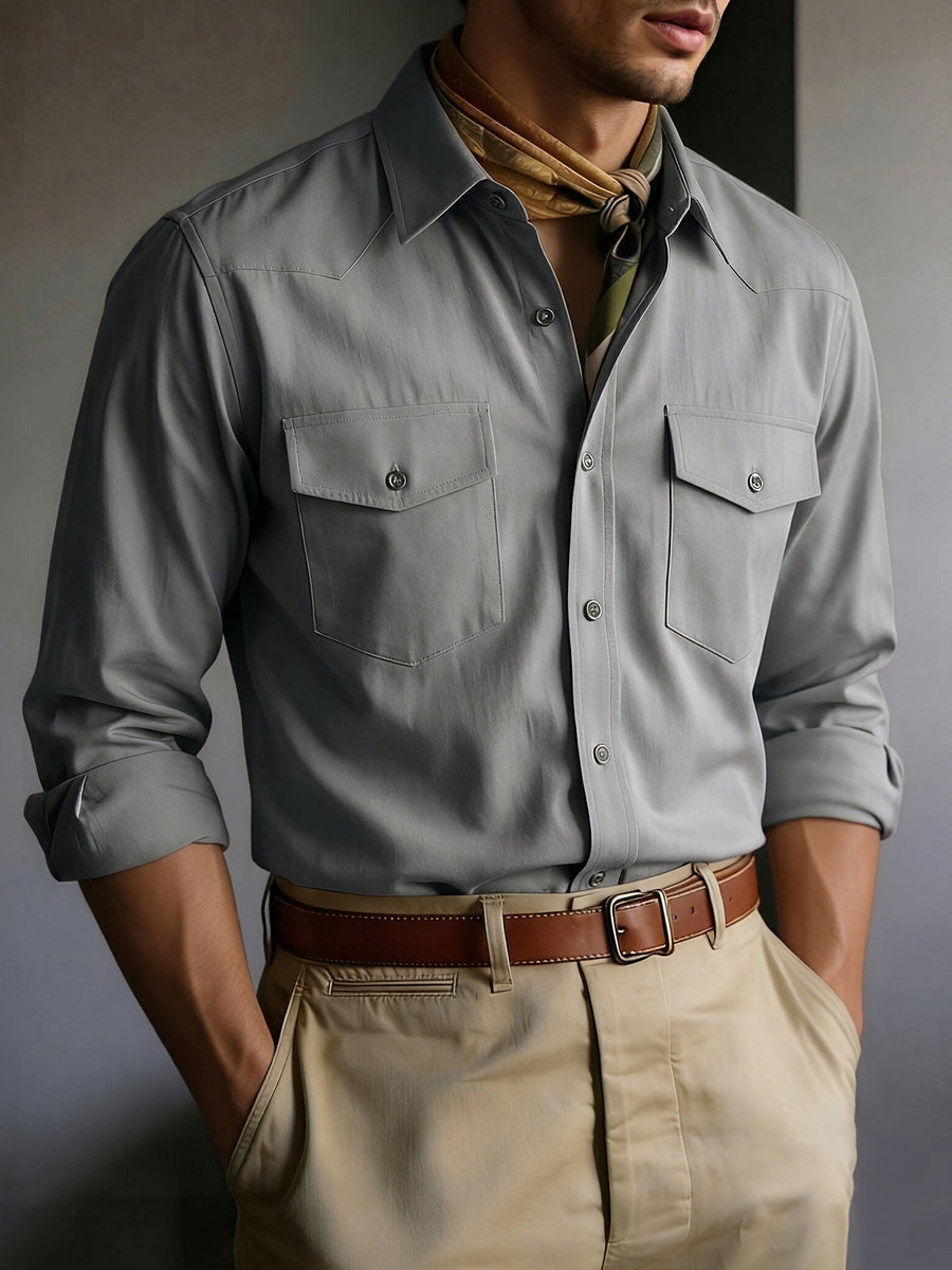 Men's Solid Color Button- Shirt with Double Pocket Collar - Machine Washable Long Sleeve Work Shirt Suitable for Business Casual, Commuting & Office Wear, Button-Front Collar Top for Spring/Autumn Layering (Adult Gift), father's day - Grey