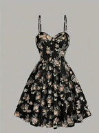 Summer Elegant Floral Print Waist-Cinching Strappy Mini Dress for Women - Multicolor