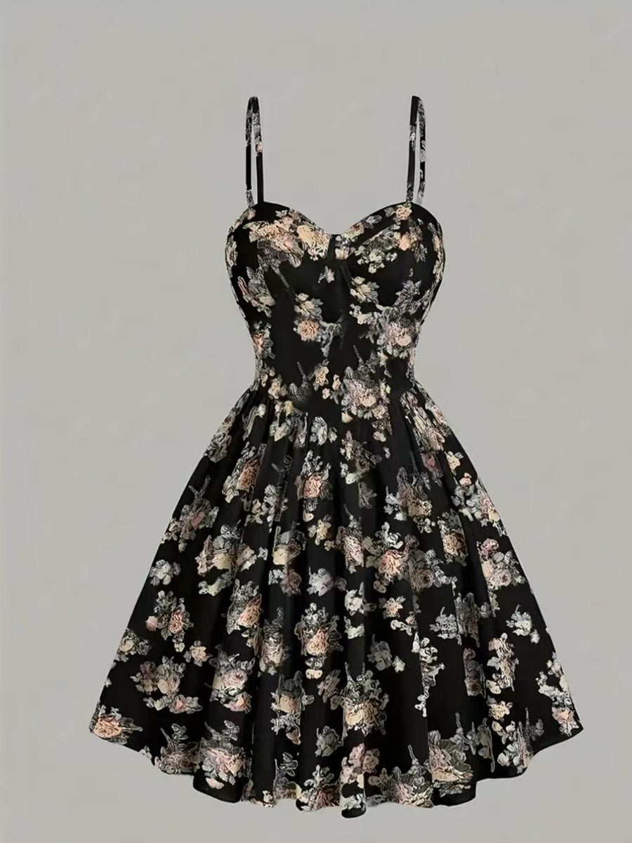 Summer Elegant Floral Print Waist-Cinching Strappy Mini Dress for Women - Multicolor