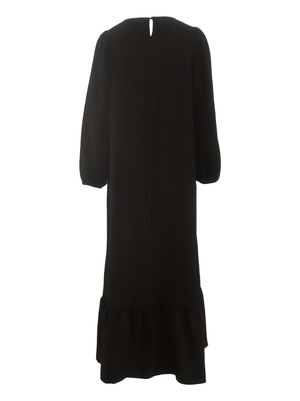 Solid Color Lantern Sleeve Round Neck Loose Hem Maxi Dress with Ruffle Trim - Black