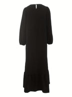 Solid Color Lantern Sleeve Round Neck Loose Hem Maxi Dress with Ruffle Trim - Black