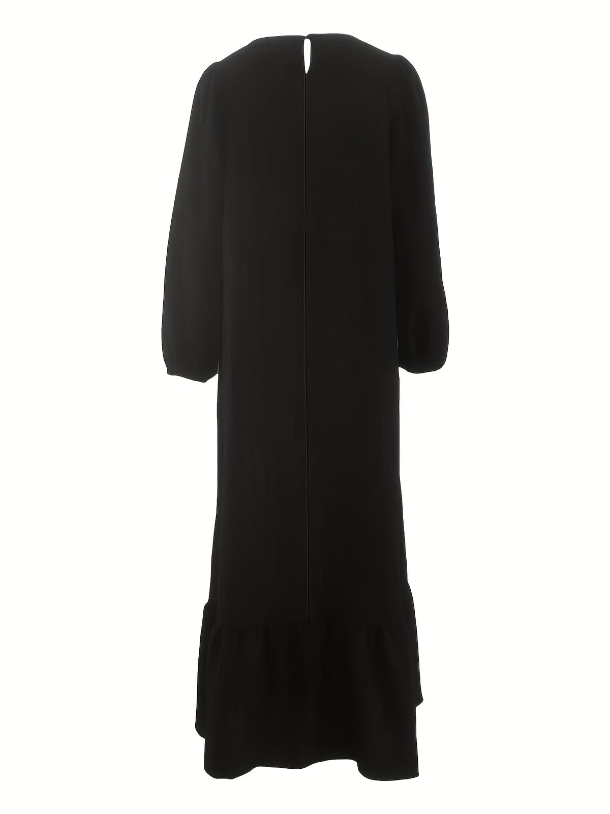 Solid Color Lantern Sleeve Round Neck Loose Hem Maxi Dress with Ruffle Trim - Black
