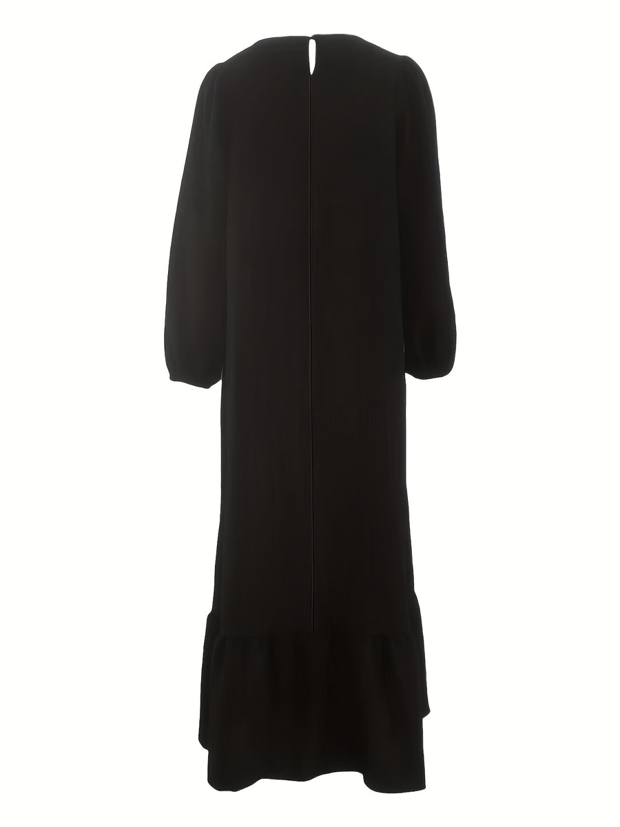 Solid Color Lantern Sleeve Round Neck Loose Hem Maxi Dress with Ruffle Trim - Black