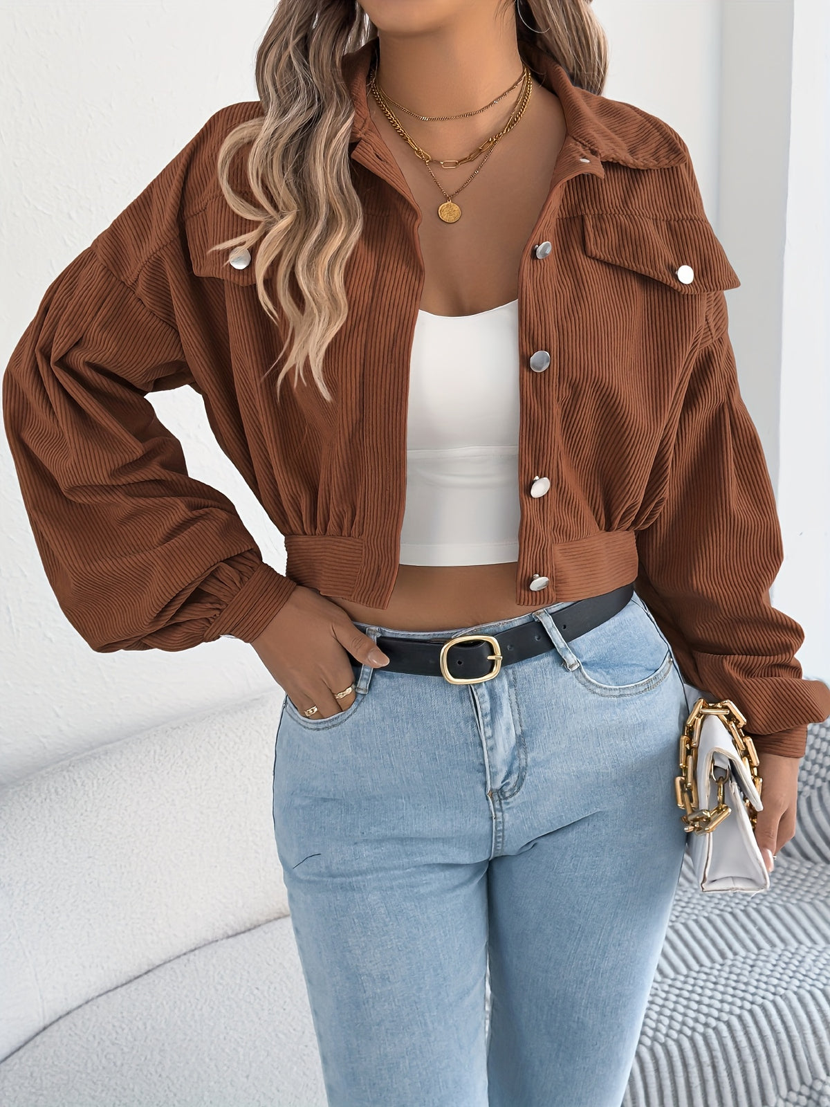 Spring Autumn Casual Vacation Solid Color Single Breasted Lantern Long Sleeve Corduroy Short Coat Women'S Jacket - Sepia