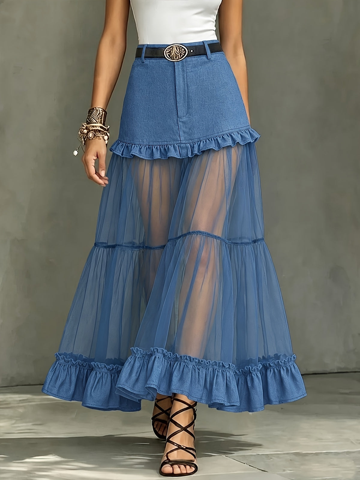 [Printed Skirt - Not Faux Denim Fabric]Women'S Spring Summer Elegant Fashion Casual Faux Denim Patchwork Chiffon Ruffled Half Skirt, No Belt - Blue