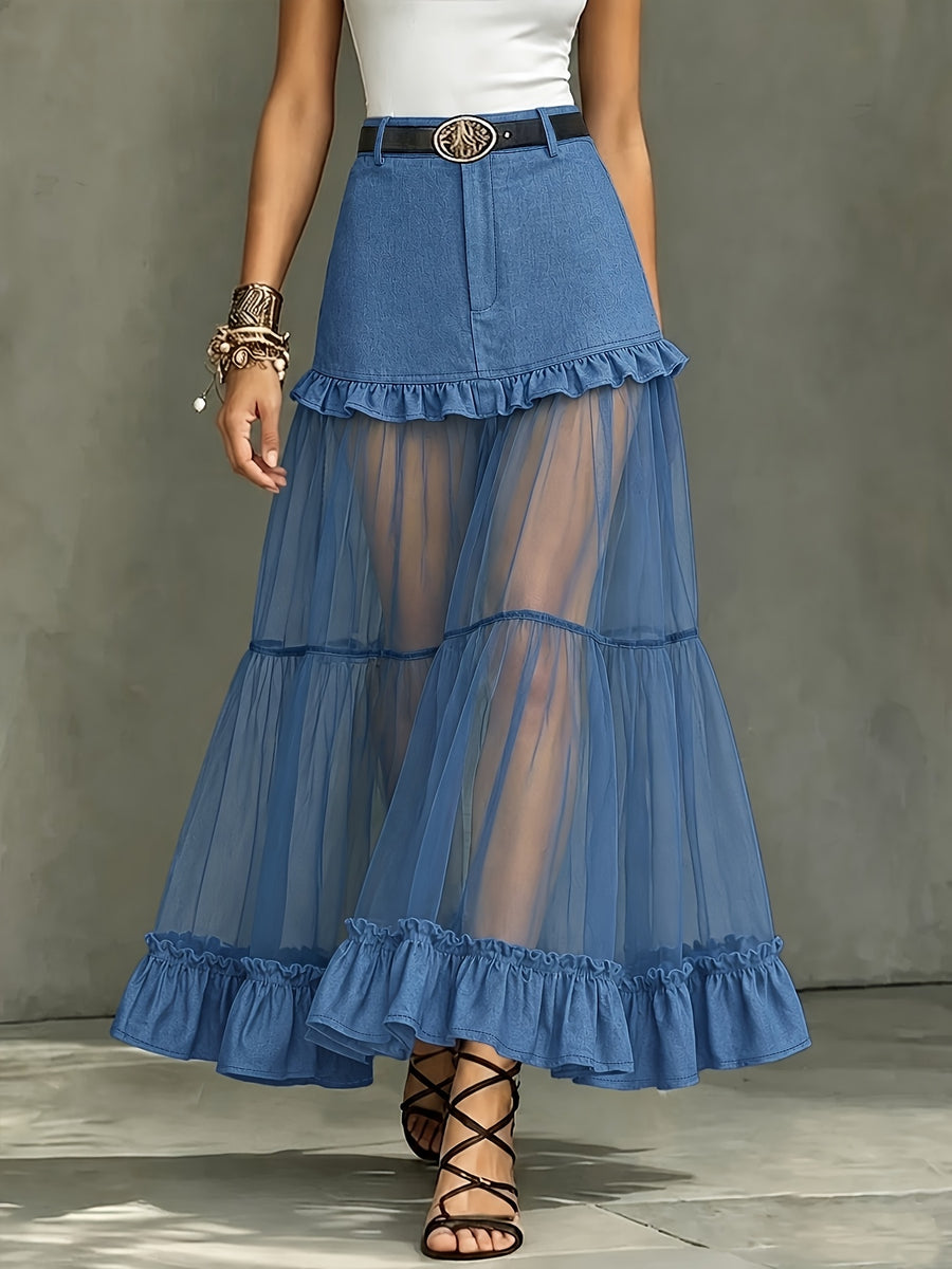 [Printed Skirt - Not Faux Denim Fabric]Women'S Spring Summer Elegant Fashion Casual Faux Denim Patchwork Chiffon Ruffled Half Skirt, No Belt - Blue
