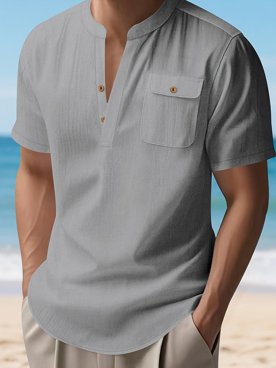 Men's Outdoor Travel Business Simple and Stylish Solid Color V-Neck Half-Open Placket Summer Breathable Comfortable Casual Short-Sleeve Henley Collar T-Shirt - Grey
