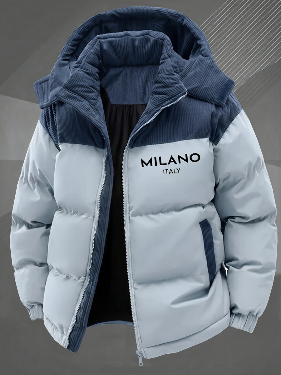 2025 New Winter Removable Hood Jacket Men'S Casual Print Hooded Coat Thickened Trendy Top Outerwear Men - Light Blue