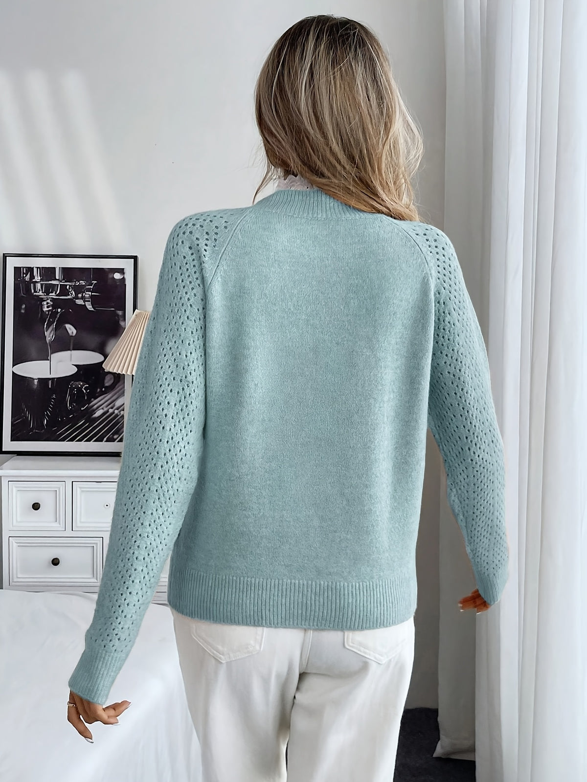 Vika Directional 2025 Autumn Winter Lace Round Neck Pullover Long Sleeve Sweater - Powder blue