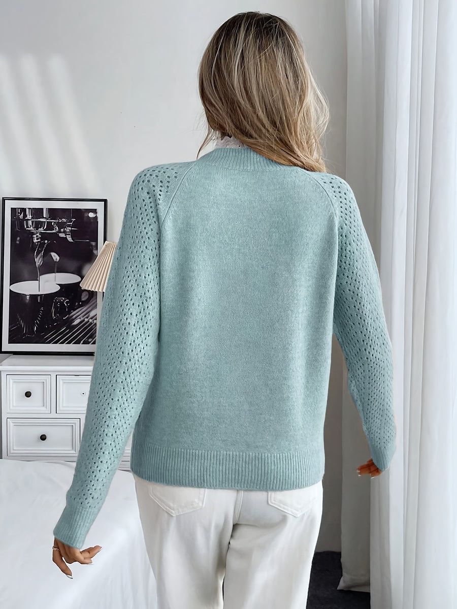 Vika Directional 2025 Autumn Winter Lace Round Neck Pullover Long Sleeve Sweater - Powder blue