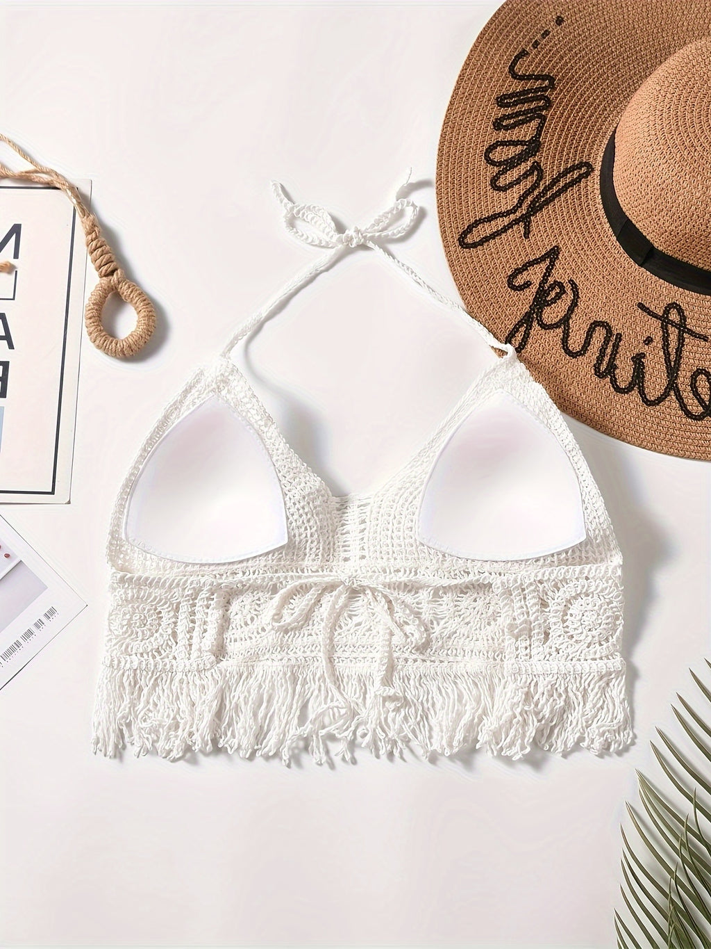 Bohemian National Style Hanging Neck Short with Halter and Chest Cup Openwork Embroidered Beach Holiday Blouse. - White