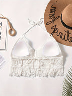 Bohemian National Style Hanging Neck Short with Halter and Chest Cup Openwork Embroidered Beach Holiday Blouse. - White