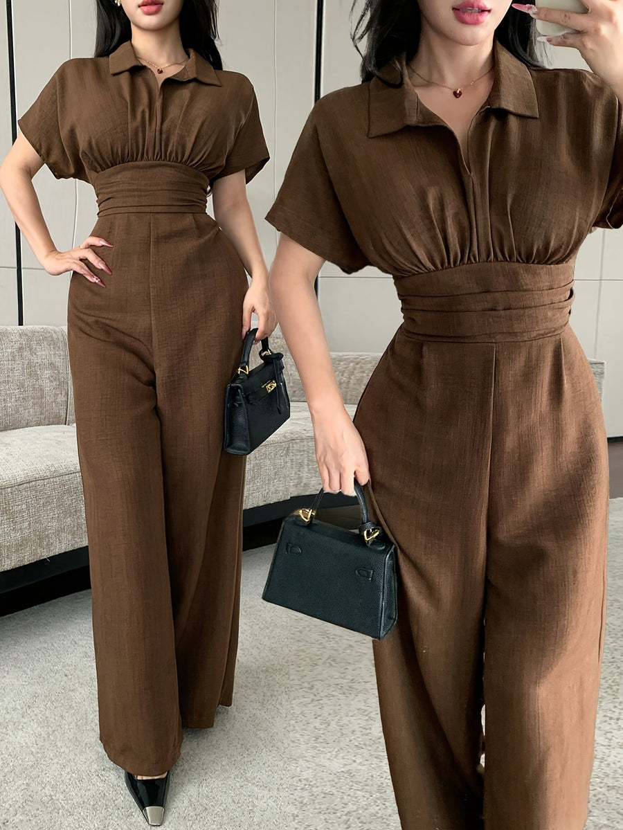 ASD1 Elegant Women'S Waist-Cinching Sleeveless Solid Color Lapel Jumpsuit - Coffee Color