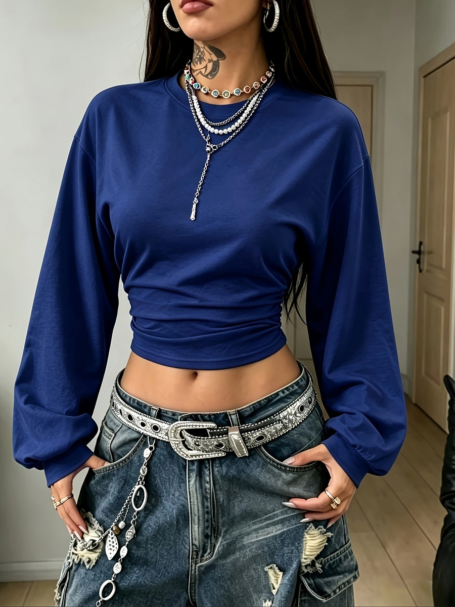 Women's Back-to- Season Basic Solid Color Pleated Asymmetrical Collar Long Sleeve Pullover Top, Autumn/Winter Casual Versatile Style,, Leisure, Dating, and Vacation Holidays in Multiple Scenarios - Navy Color